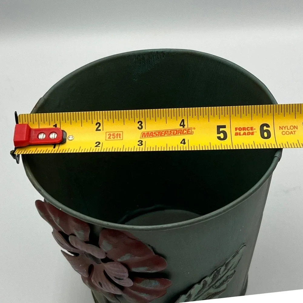 Metal Flower Planter Bucket OS Green Good Rustic 3D Floral Embossed